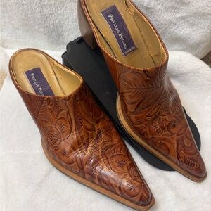 Women’s Phyllis Poland Size 7.5 Tan Tooled Leather Western Slip-On Boots